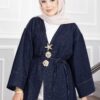 Long denim kimono with gold brooch and tie closure Navy Blue – Bild 2