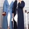 Long denim kimono with gold brooch and tie closure Navy Blue