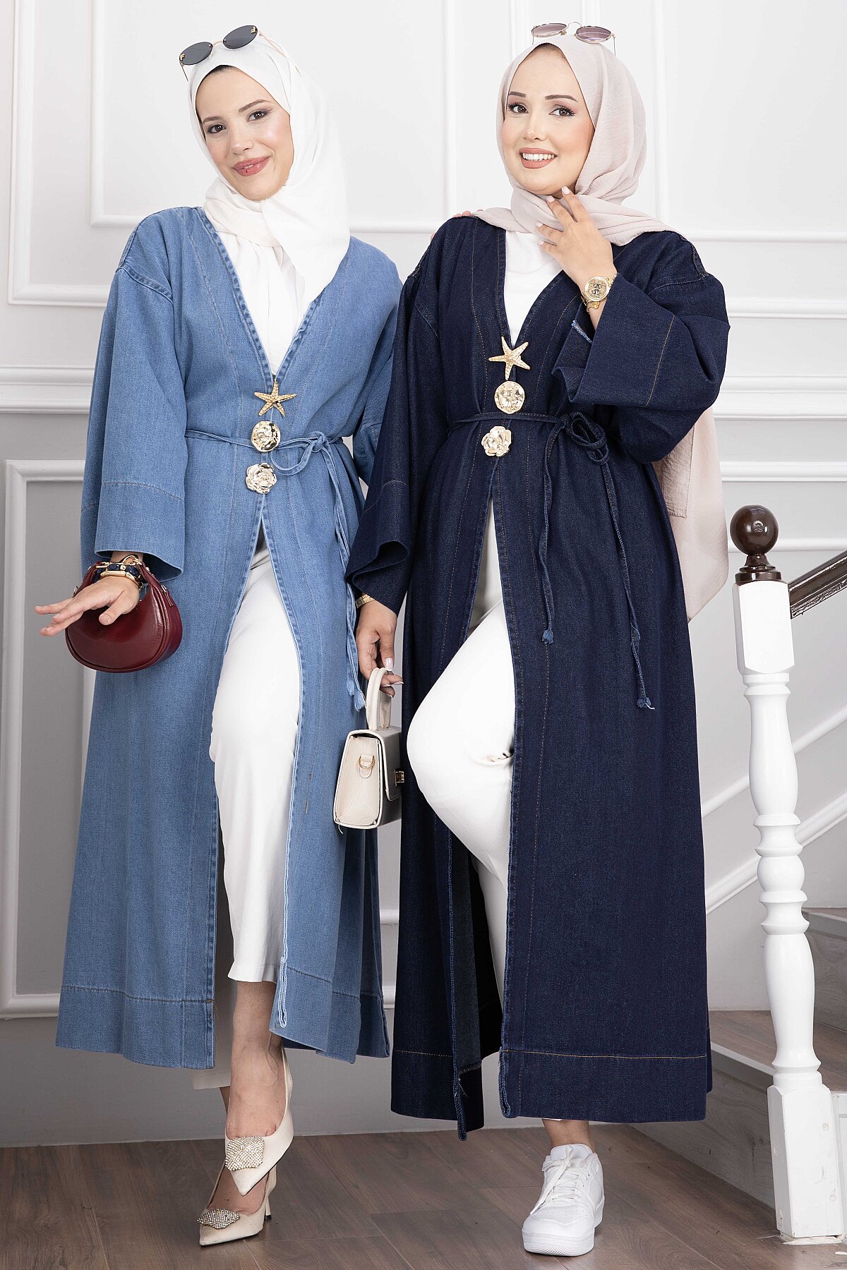 Long denim kimono with gold brooch and tie closure Navy Blue