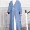 Long denim kimono with gold brooch and tie closure Blue - immagine 3
