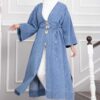 Long denim kimono with gold brooch and tie closure Blue