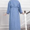 Long denim kimono with gold brooch and tie closure Blue - immagine 5