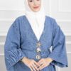 Long denim kimono with gold brooch and tie closure Blue - immagine 2