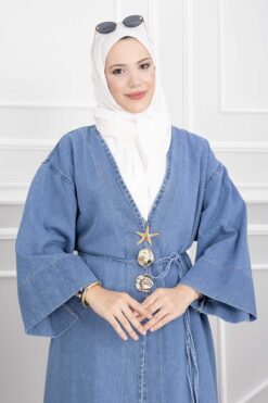 Alternative view of Long denim kimono with gold brooch and tie closure Blue