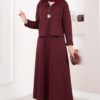 Gold Brooch Detail Jacket and Hem Edge Two-Piece Set Burgundy - الصورة 4