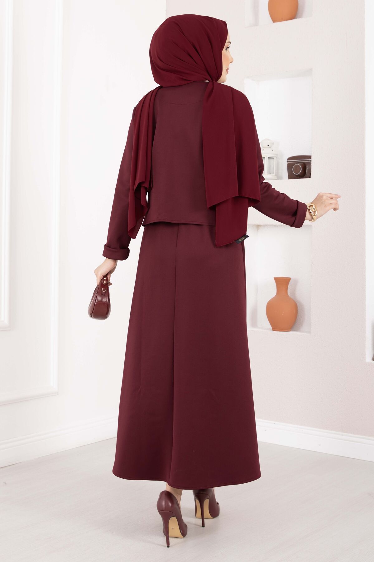 Gold Brooch Detail Jacket and Hem Edge Two-Piece Set Burgundy - الصورة 6