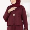 Gold Brooch Detail Jacket and Hem Edge Two-Piece Set Burgundy - الصورة 2