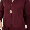 Gold Brooch Detail Jacket and Hem Edge Two-Piece Set Burgundy - الصورة 5
