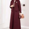 Gold Brooch Detail Jacket and Hem Edge Two-Piece Set Burgundy - الصورة 3