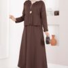 ⁦Gold Brooch Detail Jacket and Hem Edge Two-Piece Set Brown⁩ - الصورة ⁦3⁩