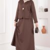 ⁦Gold Brooch Detail Jacket and Hem Edge Two-Piece Set Brown⁩ - الصورة ⁦4⁩