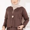 ⁦Gold Brooch Detail Jacket and Hem Edge Two-Piece Set Brown⁩ - الصورة ⁦2⁩