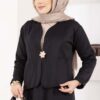 Gold Brooch Detail Jacket and Hem Edge Two-Piece Set Black - الصورة 2