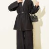 Gold Buttoned Waistband Elastic Two-Piece Knit Set Navy Blue