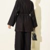 Gold Buttoned Waistband Elastic Two-Piece Knit Set Navy Blue - Afbeelding 3