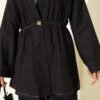 Gold Buttoned Waistband Elastic Two-Piece Knit Set Navy Blue - Afbeelding 4
