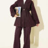 Gold Buttoned Waistband Elastic Two-Piece Knit Set Plum