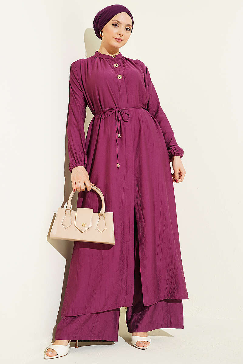 Long Tunic with Gold Button Two-Piece Set Burgundy