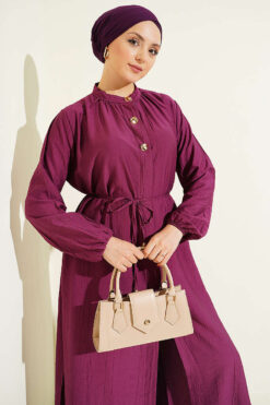 Alternative view of Long Tunic with Gold Button Two-Piece Set Burgundy