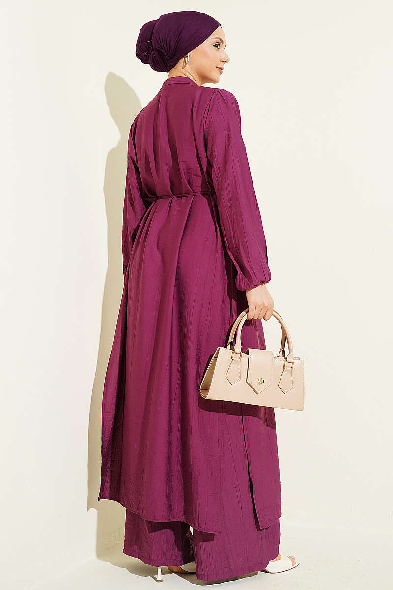 Long Tunic with Gold Button Two-Piece Set Burgundy - الصورة 3