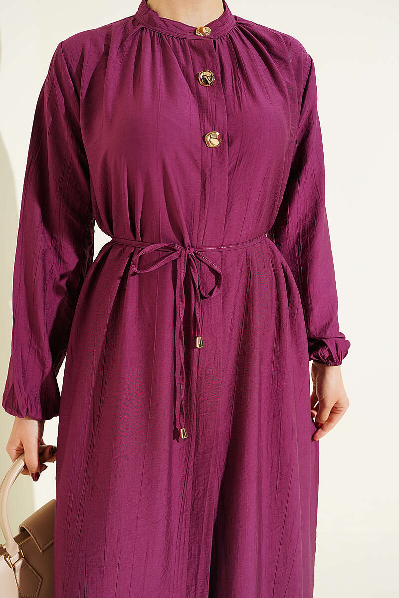 Long Tunic with Gold Button Two-Piece Set Burgundy - الصورة 4