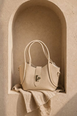 Short Handle Bag with Gold Lock Detail Beige