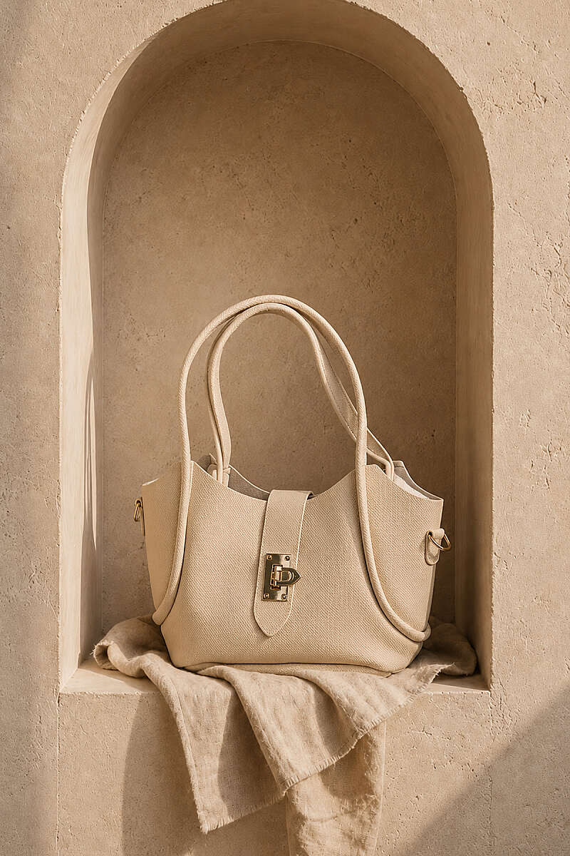 Short Handle Bag with Gold Lock Detail Beige