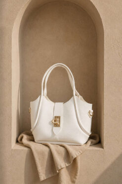 Short Handle Bag with Gold Lock Detail White