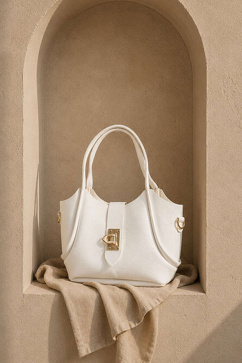 Short Handle Bag with Gold Lock Detail White