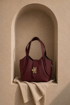 Short Handle Bag with Gold Lock Detail Burgundy