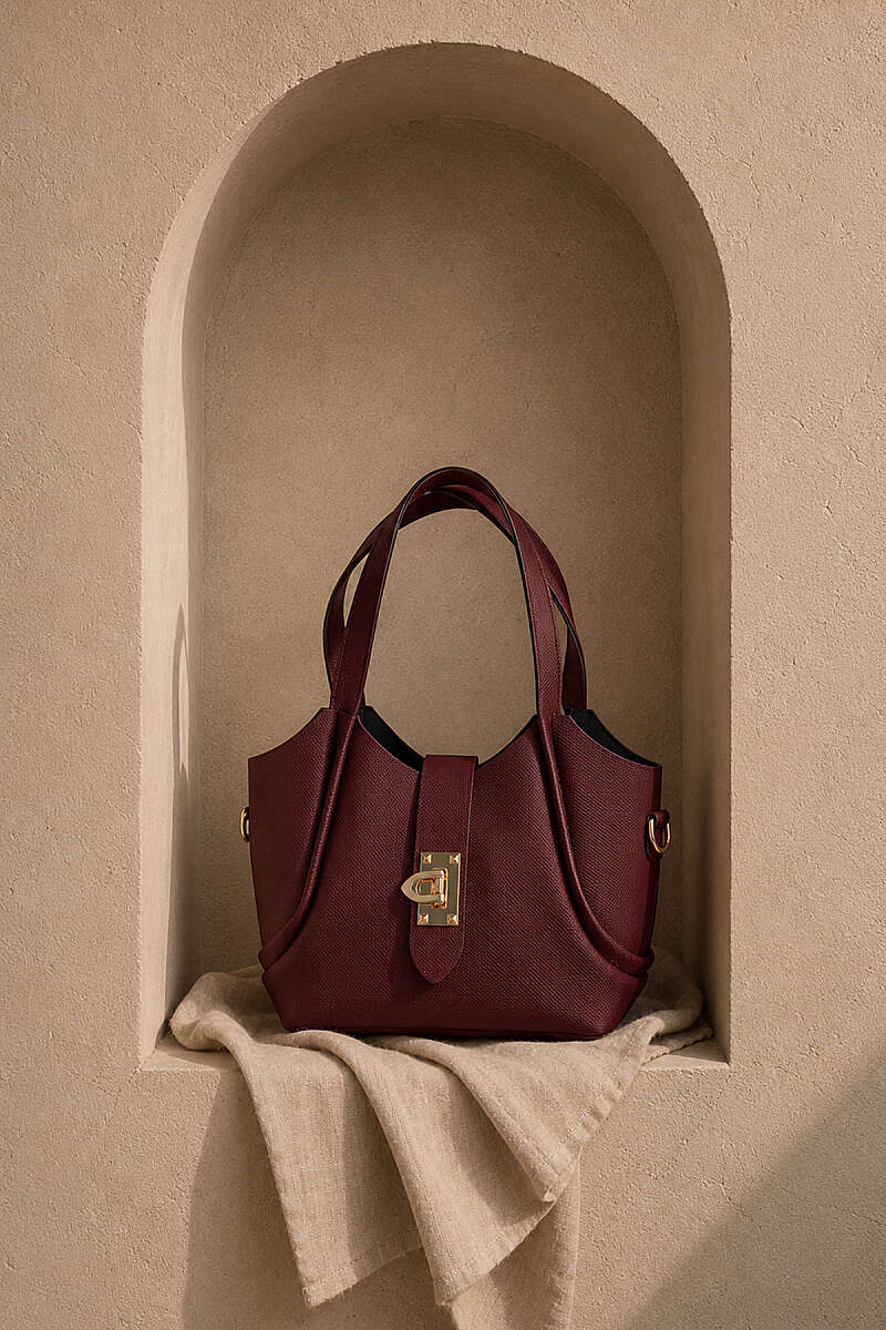 Short Handle Bag with Gold Lock Detail Burgundy