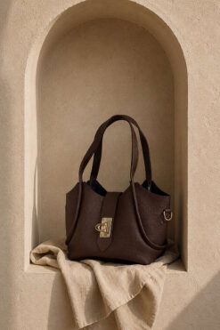 Short Handle Bag with Gold Lock Detail Brown