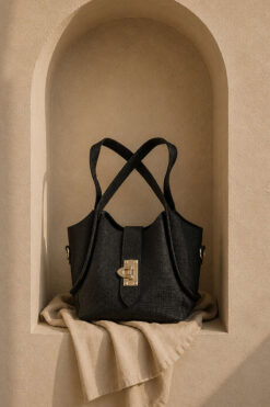 Short Handle Bag with Gold Lock Detail Black