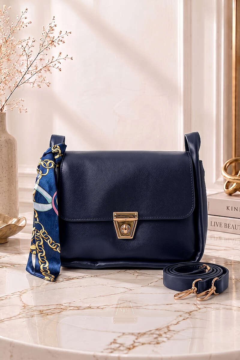 Gold Buckle Detail Scarf Bag Navy Blue