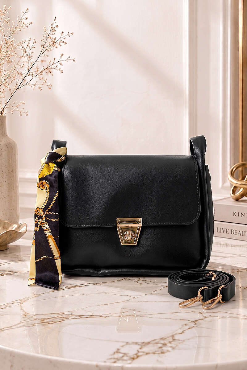 Gold Buckle Detail Scarf Bag Black