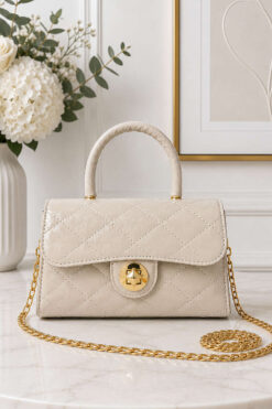 Gold Lock Closure Women's Handbag Cream