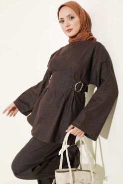 Alternative view of Gold Buckle Waist-Detail Two-Piece Set Brown