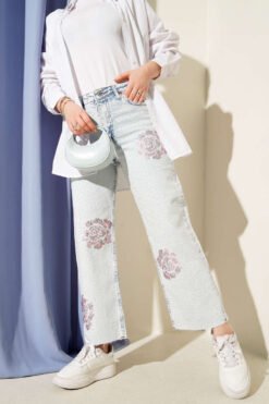 Rose Detail Mini Stone Detailed Pants Light Charcoal