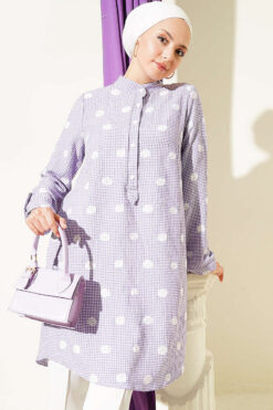 Button-Down Collared Checkered Pattern Tunic Lilac