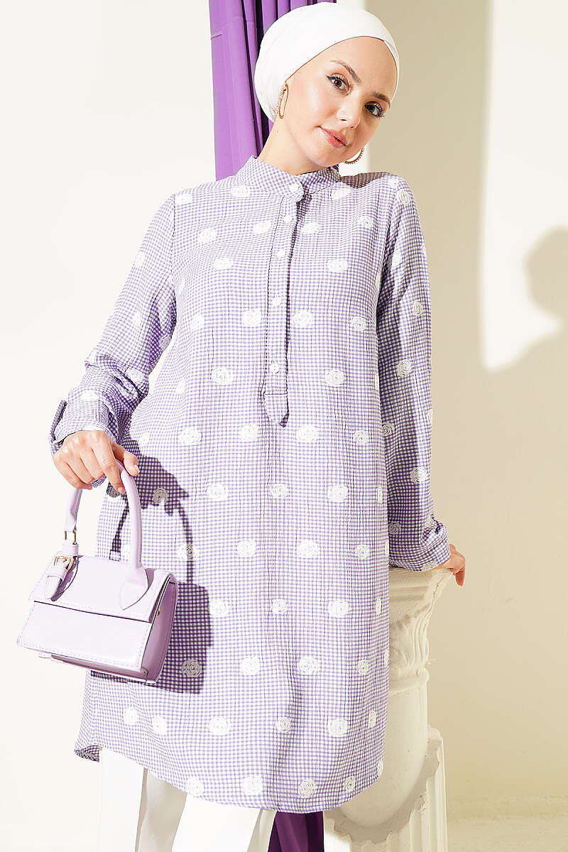 Button-Down Collared Checkered Pattern Tunic Lilac
