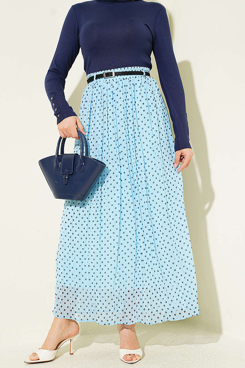 Lightweight Belted Polka Dot Chiffon Skirt Baby Blue