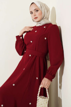 Alternative view of Pearl Flower Belted Dress Burgundy