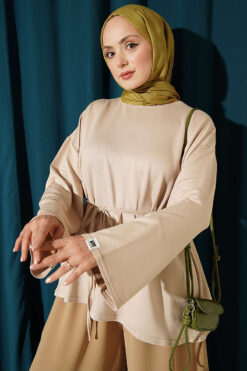 Lace-Up Tunic with Patch Detail Beige