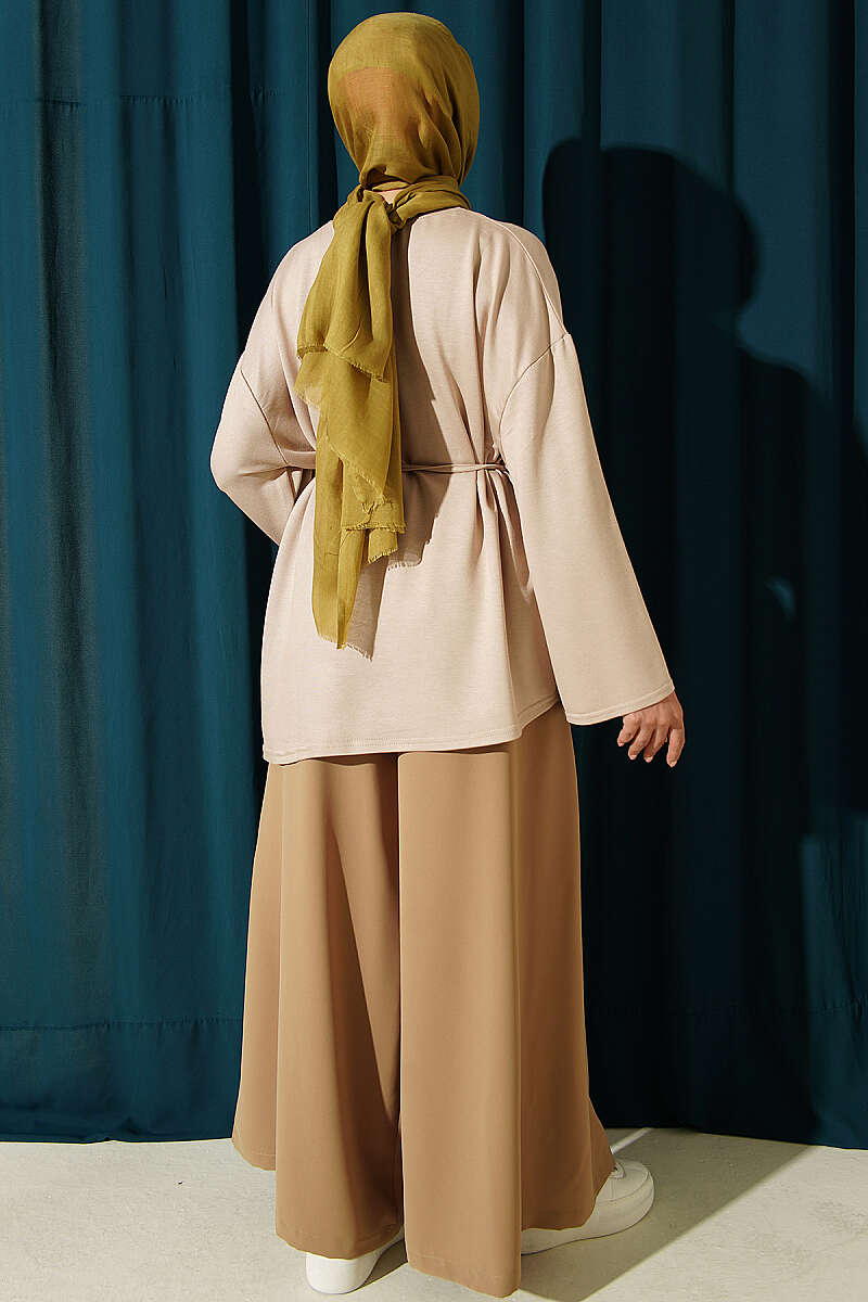 Lace-Up Tunic with Patch Detail Beige - Image 3