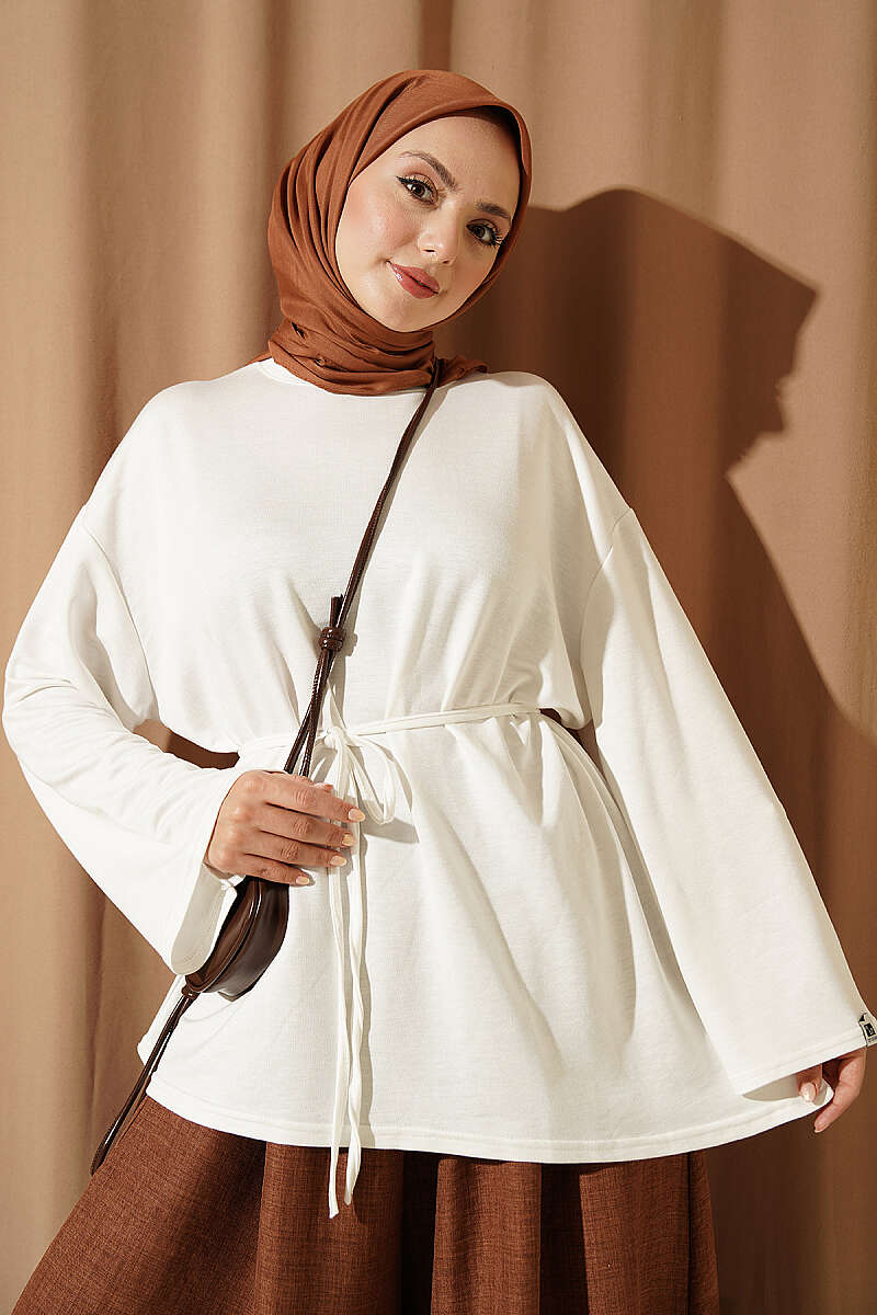 Lace-Up Tunic with Patch Detail Ecru
