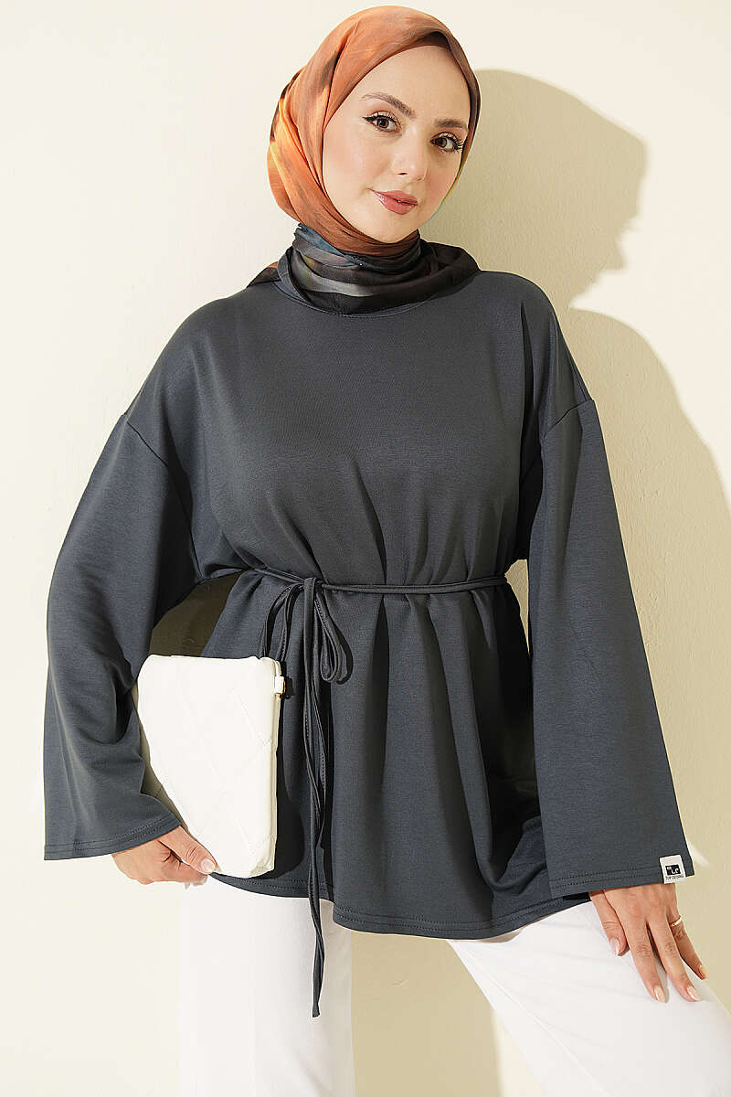 Lace-Up Tunic with Patch Detail Smoke