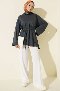 Alternative view of Lace-Up Tunic with Patch Detail Smoke