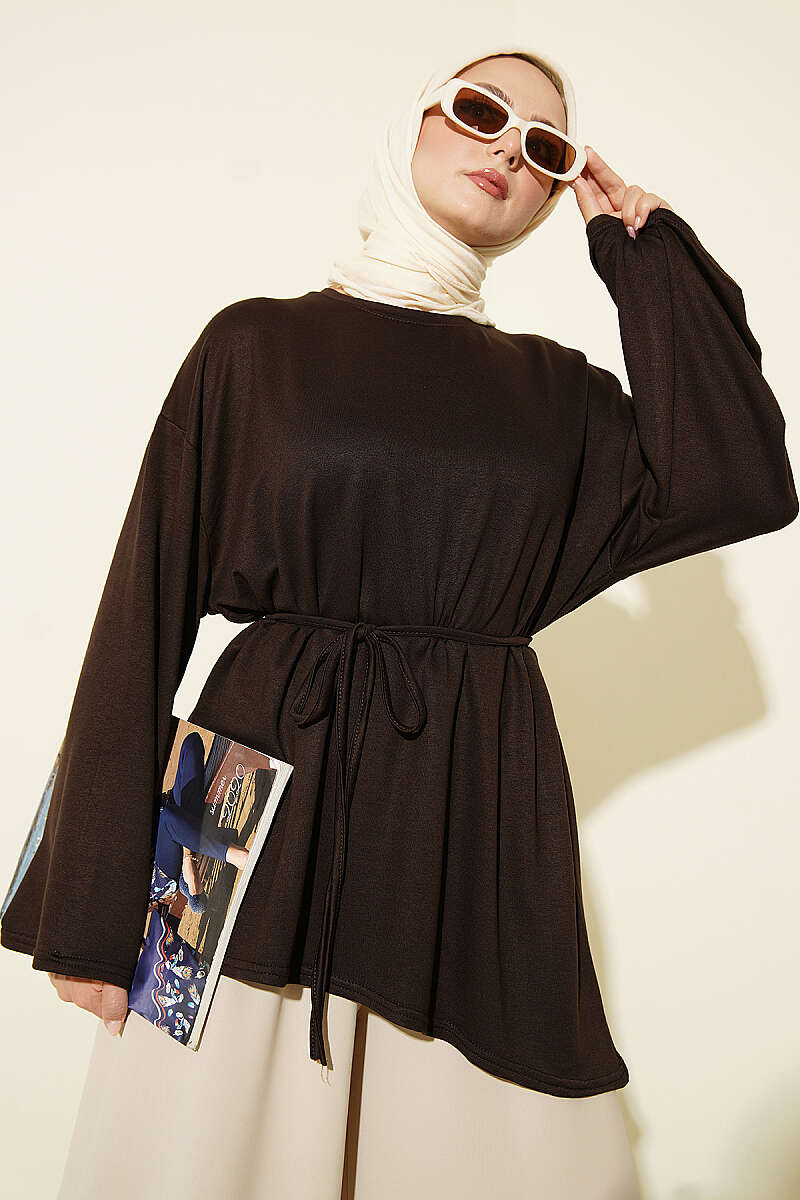 Lace-Up Tunic with Patch Detail Brown