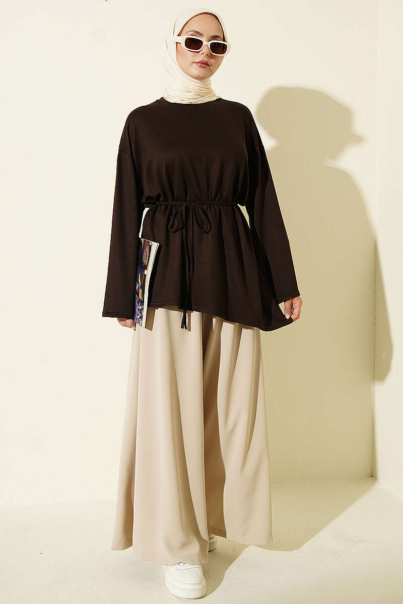 Lace-Up Tunic with Patch Detail Brown - Image 2