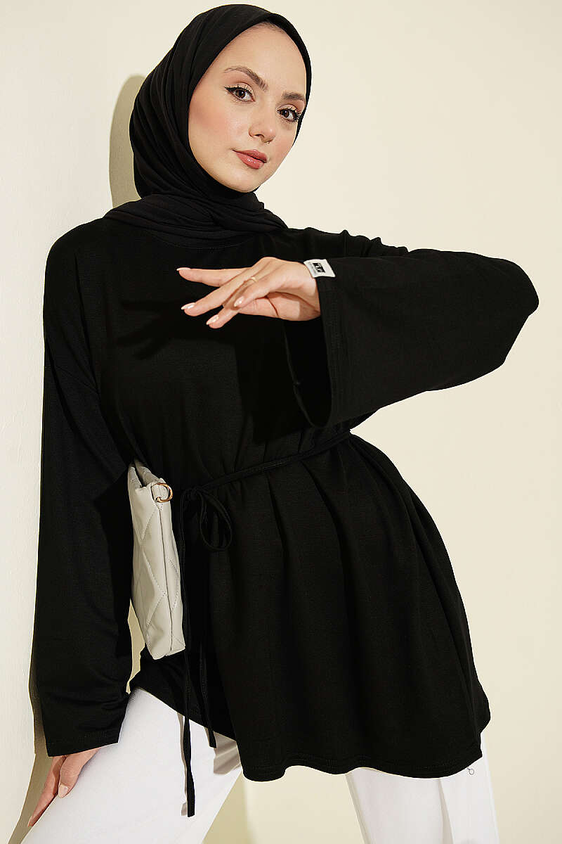 Lace-Up Tunic with Patch Detail Black